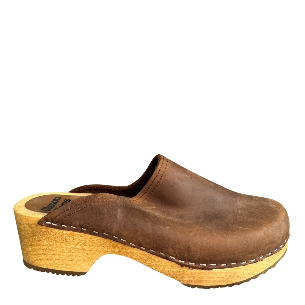 Olsson Brown Leather Wooden Clog Mule 42
